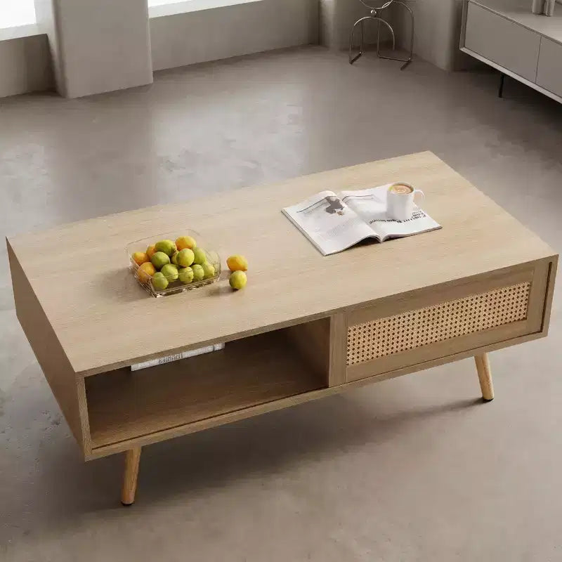 Fun little toys brand 41.34 Table basse en rotin, porte coulissante pour rangement, pieds en bois massif, table moderne pour salon, naturel