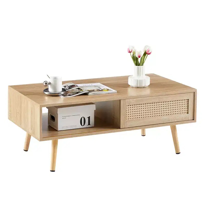 Fun little toys brand 41.34 Table basse en rotin, porte coulissante pour rangement, pieds en bois massif, table moderne pour salon, naturel