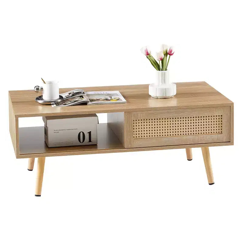 Fun little toys brand 41.34 Table basse en rotin, porte coulissante pour rangement, pieds en bois massif, table moderne pour salon, naturel