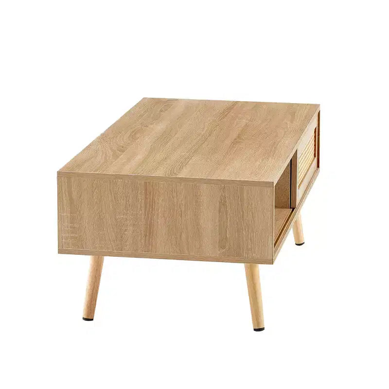 Fun little toys brand 41.34 Table basse en rotin, porte coulissante pour rangement, pieds en bois massif, table moderne pour salon, naturel