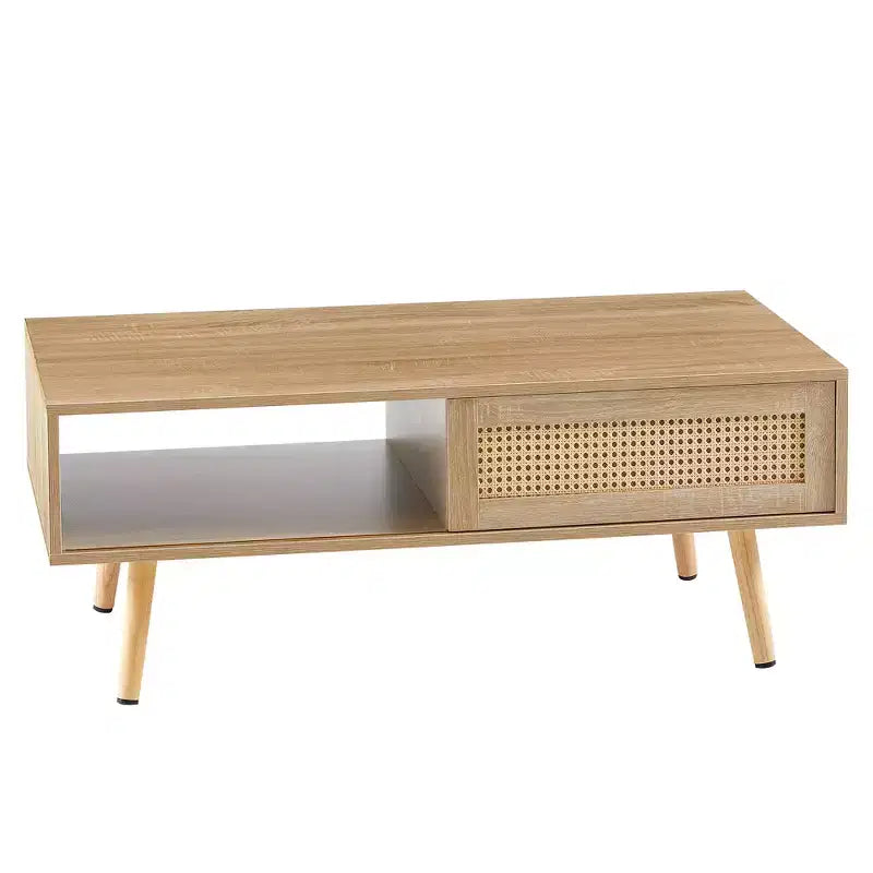 Fun little toys brand 41.34 Table basse en rotin, porte coulissante pour rangement, pieds en bois massif, table moderne pour salon, naturel