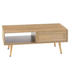 Fun little toys brand 41.34 Table basse en rotin, porte coulissante pour rangement, pieds en bois massif, table moderne pour salon, naturel