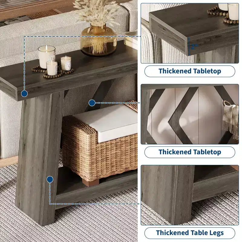 Tavolo Consolle da Ingresso, Tavolo da Divano Stretto da 180 cm Stile Farmhouse Dietro al Divano con 2 Ripiani Portaoggetti, Tavolo da Divano Ultra Stabile con Gambe a Trapezoide