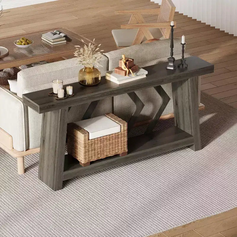 Tavolo Consolle da Ingresso, Tavolo da Divano Stretto da 180 cm Stile Farmhouse Dietro al Divano con 2 Ripiani Portaoggetti, Tavolo da Divano Ultra Stabile con Gambe a Trapezoide