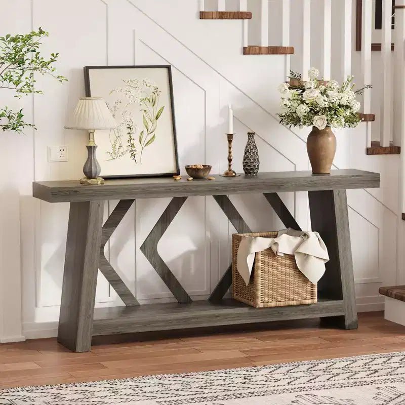 Tavolo Consolle da Ingresso, Tavolo da Divano Stretto da 180 cm Stile Farmhouse Dietro al Divano con 2 Ripiani Portaoggetti, Tavolo da Divano Ultra Stabile con Gambe a Trapezoide