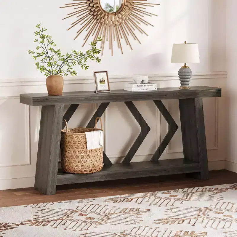 Tavolo Consolle da Ingresso, Tavolo da Divano Stretto da 180 cm Stile Farmhouse Dietro al Divano con 2 Ripiani Portaoggetti, Tavolo da Divano Ultra Stabile con Gambe a Trapezoide
