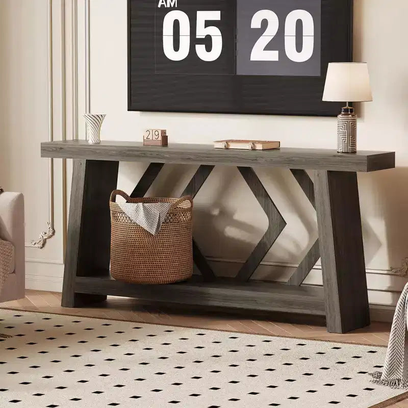Tavolo Consolle da Ingresso, Tavolo da Divano Stretto da 180 cm Stile Farmhouse Dietro al Divano con 2 Ripiani Portaoggetti, Tavolo da Divano Ultra Stabile con Gambe a Trapezoide