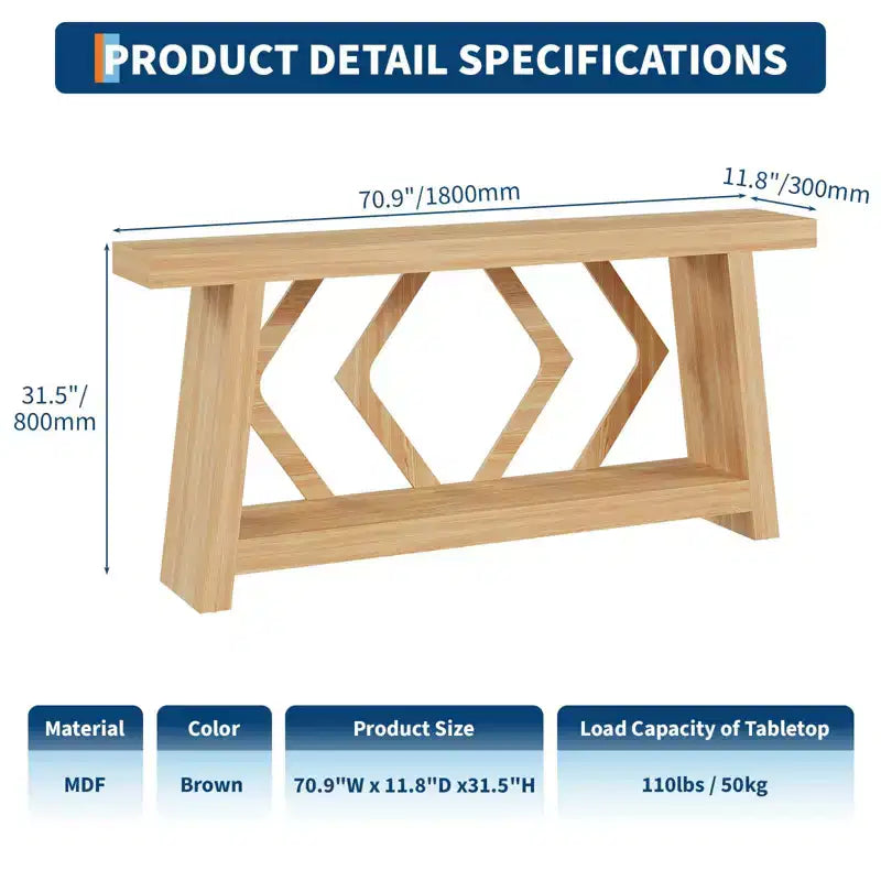 Tavolo Consolle da Ingresso, Tavolo da Divano Stretto da 180 cm Stile Farmhouse Dietro al Divano con 2 Ripiani Portaoggetti, Tavolo da Divano Ultra Stabile con Gambe a Trapezoide