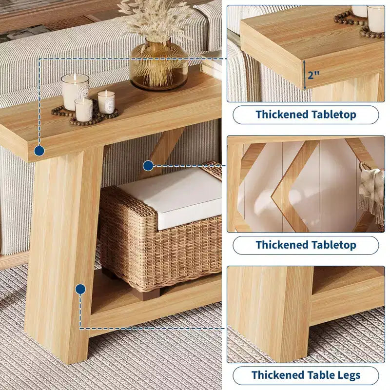 Tavolo Consolle da Ingresso, Tavolo da Divano Stretto da 180 cm Stile Farmhouse Dietro al Divano con 2 Ripiani Portaoggetti, Tavolo da Divano Ultra Stabile con Gambe a Trapezoide