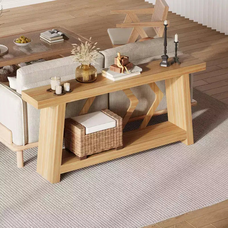 Tavolo Consolle da Ingresso, Tavolo da Divano Stretto da 180 cm Stile Farmhouse Dietro al Divano con 2 Ripiani Portaoggetti, Tavolo da Divano Ultra Stabile con Gambe a Trapezoide