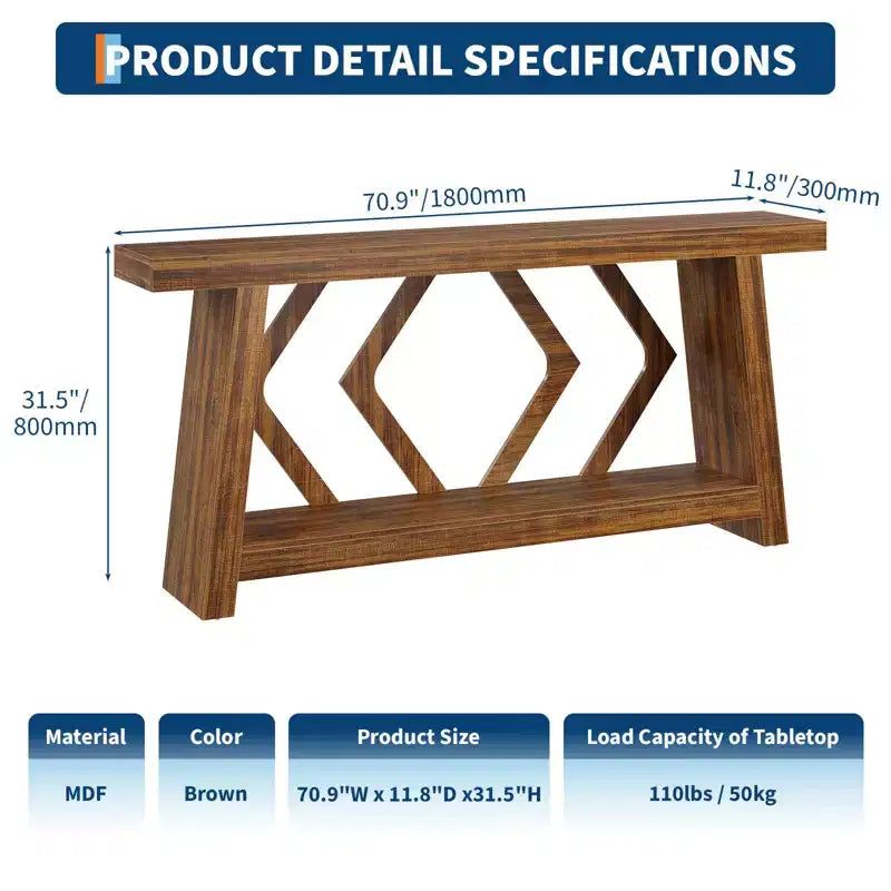 Tavolo Consolle da Ingresso, Tavolo da Divano Stretto da 180 cm Stile Farmhouse Dietro al Divano con 2 Ripiani Portaoggetti, Tavolo da Divano Ultra Stabile con Gambe a Trapezoide