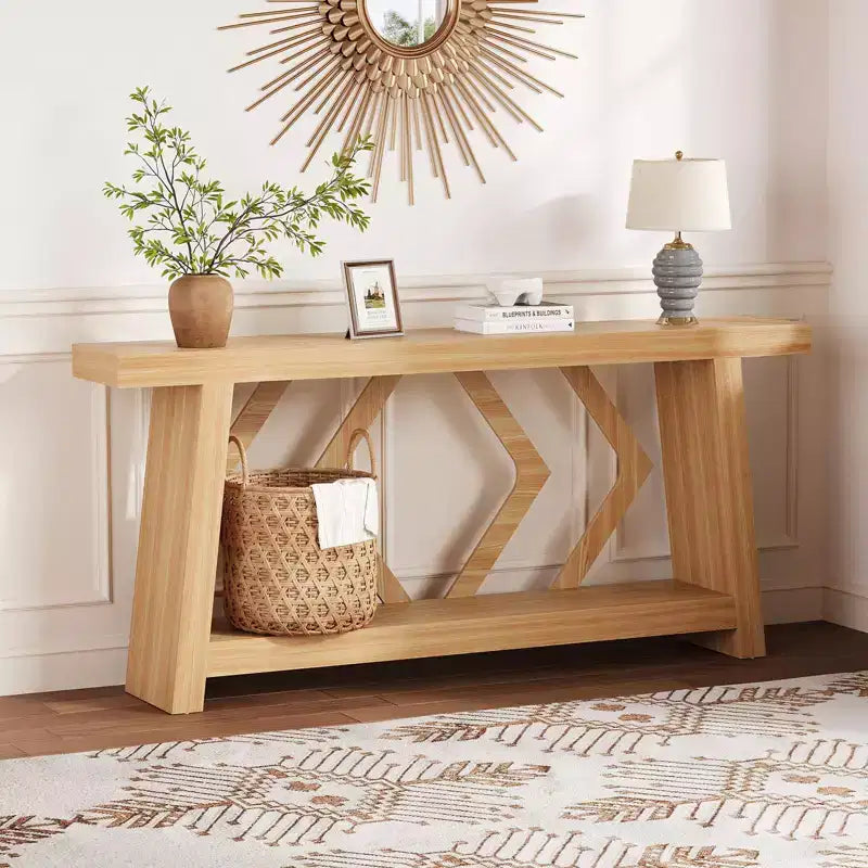 Tavolo Consolle da Ingresso, Tavolo da Divano Stretto da 180 cm Stile Farmhouse Dietro al Divano con 2 Ripiani Portaoggetti, Tavolo da Divano Ultra Stabile con Gambe a Trapezoide