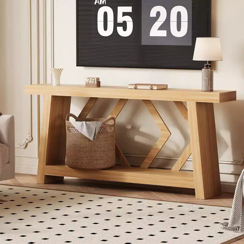 Tavolo Consolle da Ingresso, Tavolo da Divano Stretto da 180 cm Stile Farmhouse Dietro al Divano con 2 Ripiani Portaoggetti, Tavolo da Divano Ultra Stabile con Gambe a Trapezoide