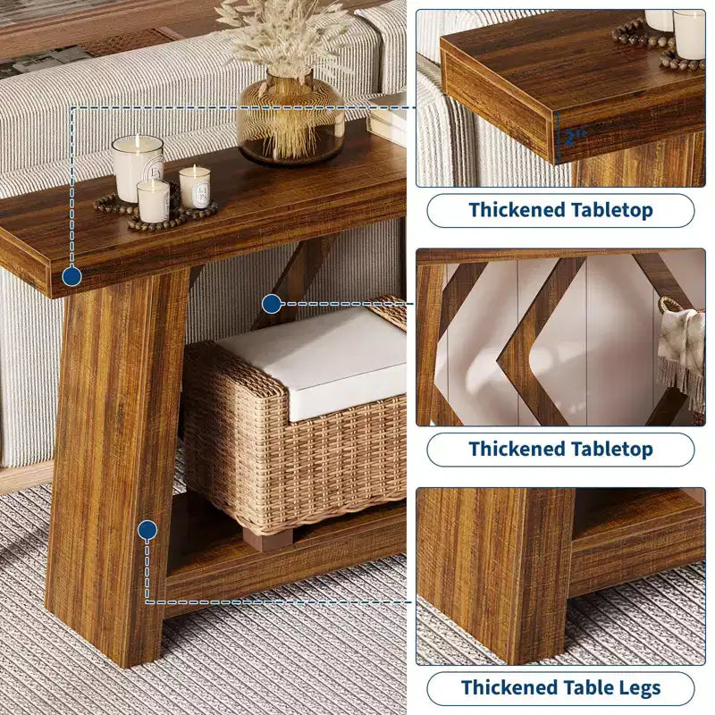 Tavolo Consolle da Ingresso, Tavolo da Divano Stretto da 180 cm Stile Farmhouse Dietro al Divano con 2 Ripiani Portaoggetti, Tavolo da Divano Ultra Stabile con Gambe a Trapezoide