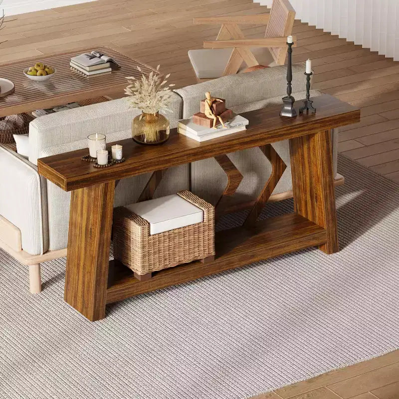 Tavolo Consolle da Ingresso, Tavolo da Divano Stretto da 180 cm Stile Farmhouse Dietro al Divano con 2 Ripiani Portaoggetti, Tavolo da Divano Ultra Stabile con Gambe a Trapezoide