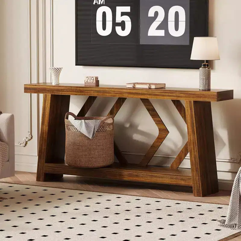 Tavolo Consolle da Ingresso, Tavolo da Divano Stretto da 180 cm Stile Farmhouse Dietro al Divano con 2 Ripiani Portaoggetti, Tavolo da Divano Ultra Stabile con Gambe a Trapezoide