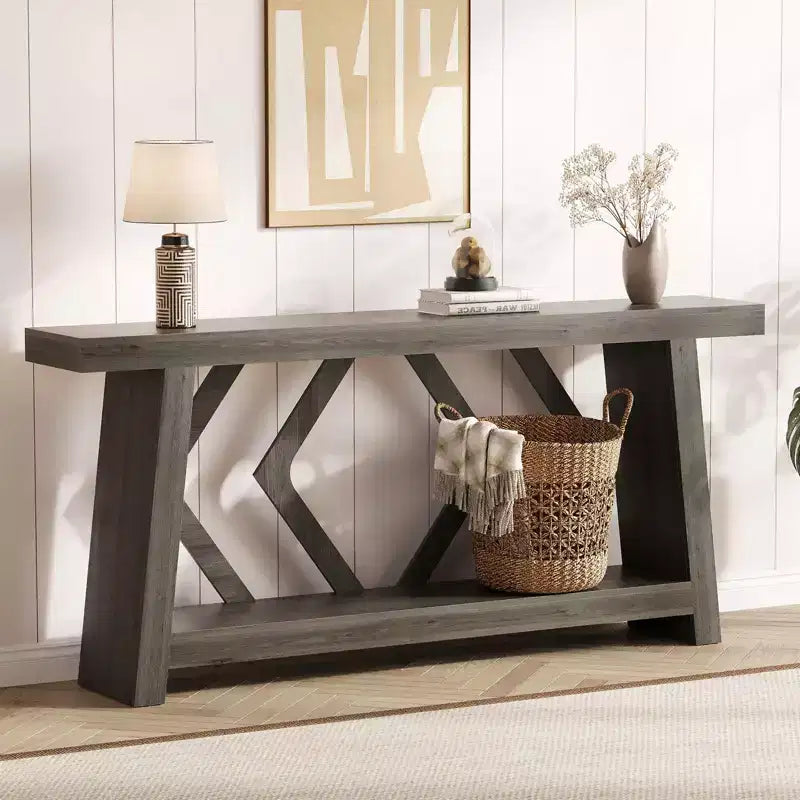 Tavolo Consolle da Ingresso, Tavolo da Divano Stretto da 180 cm Stile Farmhouse Dietro al Divano con 2 Ripiani Portaoggetti, Tavolo da Divano Ultra Stabile con Gambe a Trapezoide