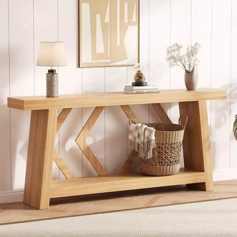 Tavolo Consolle da Ingresso, Tavolo da Divano Stretto da 180 cm Stile Farmhouse Dietro al Divano con 2 Ripiani Portaoggetti, Tavolo da Divano Ultra Stabile con Gambe a Trapezoide