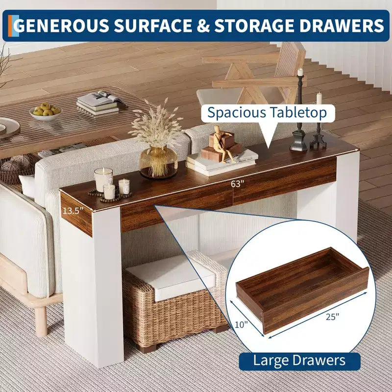 Tavolo da ingresso con 2 cassetti, Tavolo consolle stretto per divano con portaoggetti, Mobile da corridoio sottile con accenti, Tavolo consolle sottile