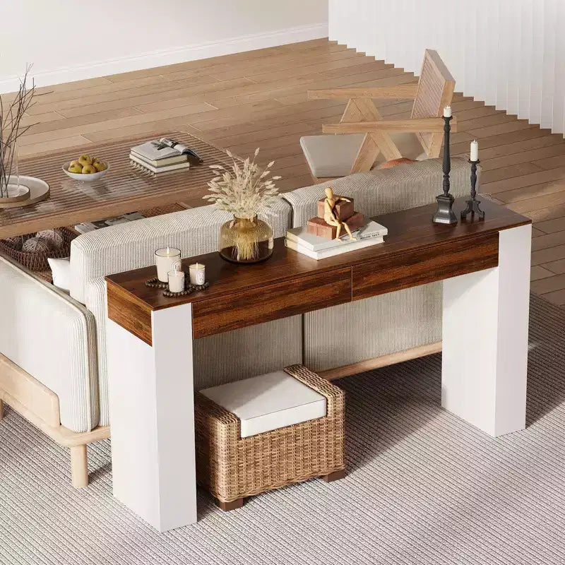 Tavolo da ingresso con 2 cassetti, Tavolo consolle stretto per divano con portaoggetti, Mobile da corridoio sottile con accenti, Tavolo consolle sottile