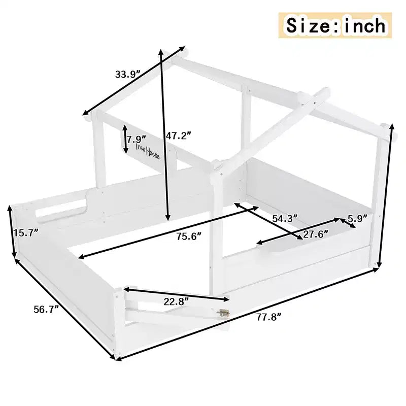 JVNOXK Letto a pavimento full size con ringhiere e tetto, letto a pavimento per bambini con un piccolo vassoio incorporato e cartello installabile liberamente, bianco