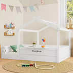 JVNOXK Letto a pavimento full size con ringhiere e tetto, letto a pavimento per bambini con un piccolo vassoio incorporato e cartello installabile liberamente, bianco