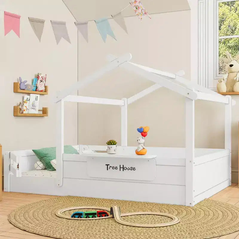 JVNOXK Letto a pavimento full size con ringhiere e tetto, letto a pavimento per bambini con un piccolo vassoio incorporato e cartello installabile liberamente, bianco