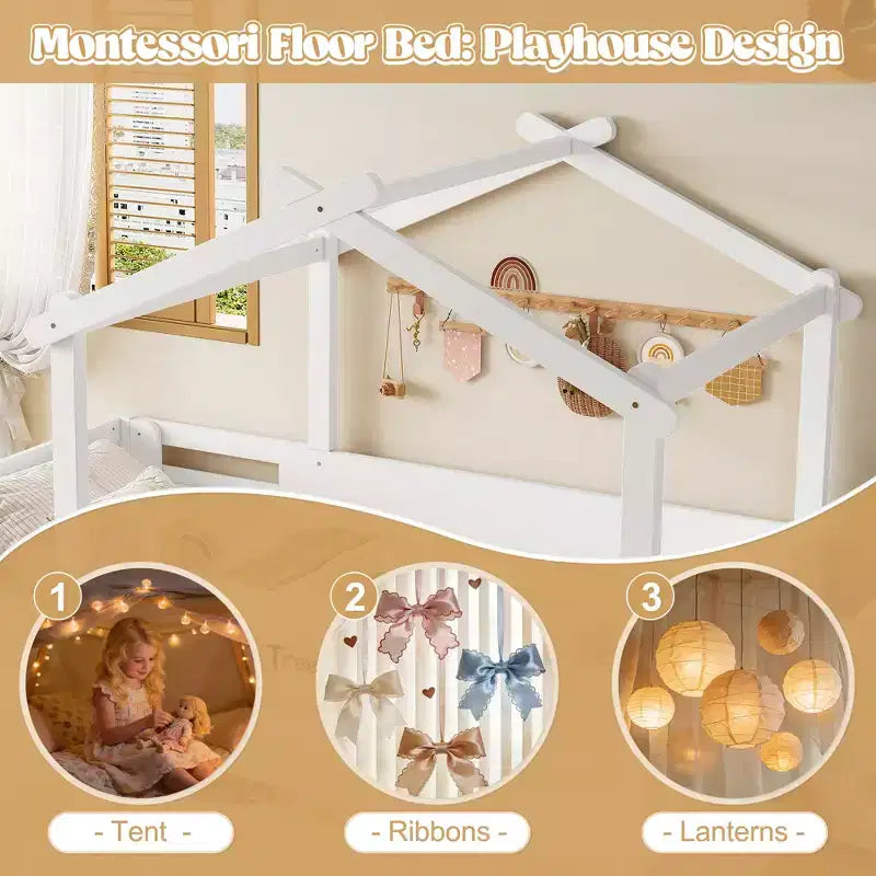 JVNOXK Letto a pavimento full size con ringhiere e tetto, letto a pavimento per bambini con un piccolo vassoio incorporato e cartello installabile liberamente, bianco