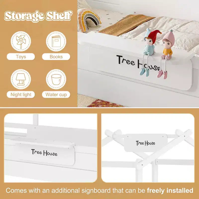 JVNOXK Letto a pavimento full size con ringhiere e tetto, letto a pavimento per bambini con un piccolo vassoio incorporato e cartello installabile liberamente, bianco