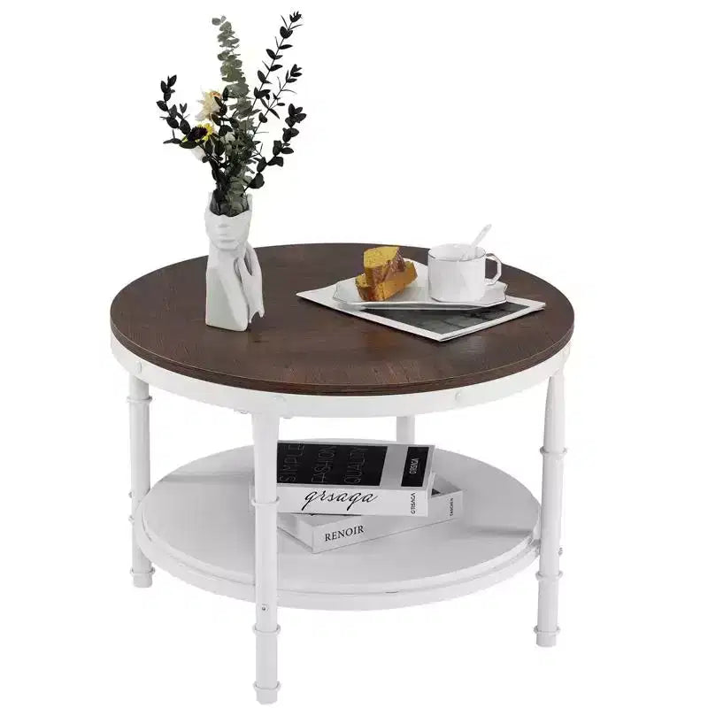 Vintage Brown Round Farmhouse Coffee Table, 2-Tier Storage
