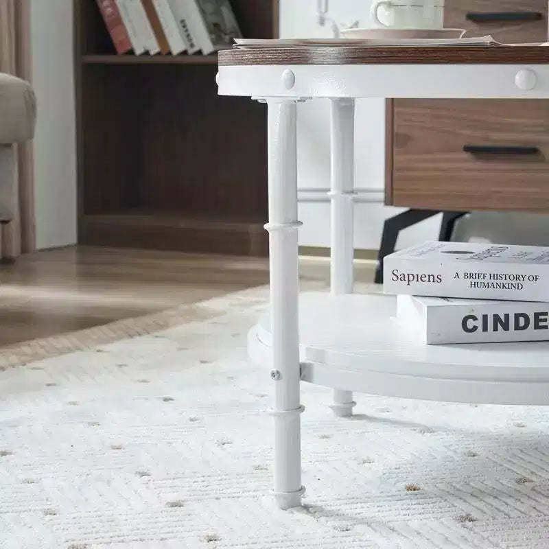 Tavolino da Caffè Rotondo Vintage Marrone Stile Rustico, con 2 Ripiani Contenitori