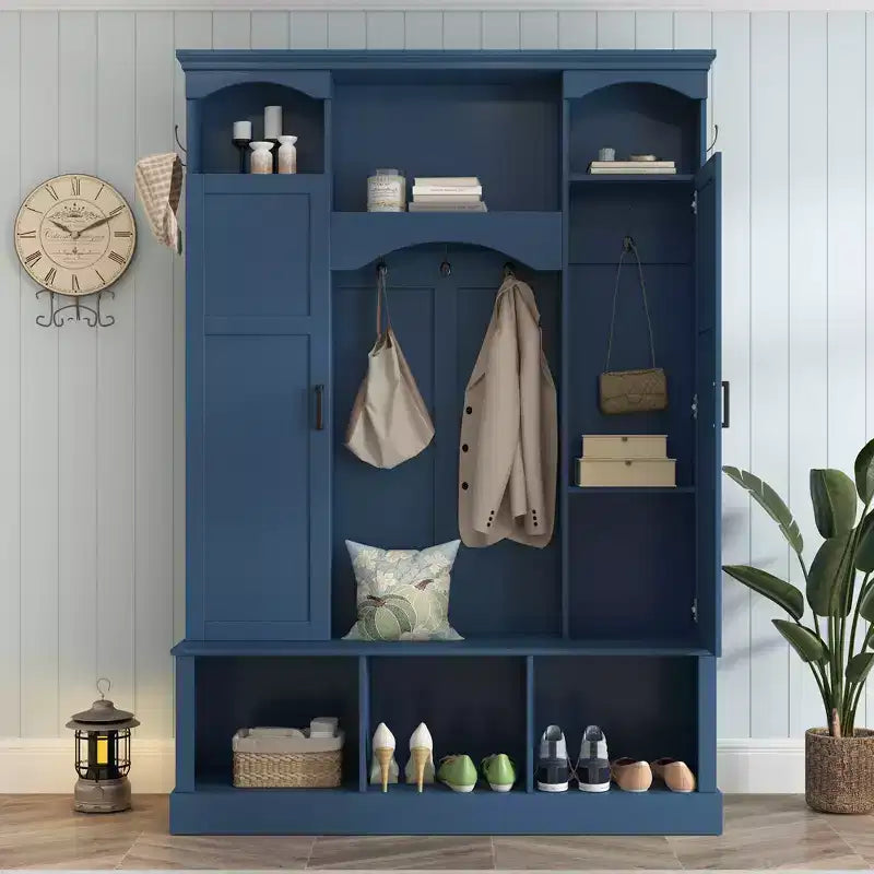 Appendiabiti Moderno Tutto in Uno con Ripiani Regolabili, Panca Contenitore Rustica con 7 Ganci e Mobiletti Laterali, Organizer da Ingresso - ModernLuxe