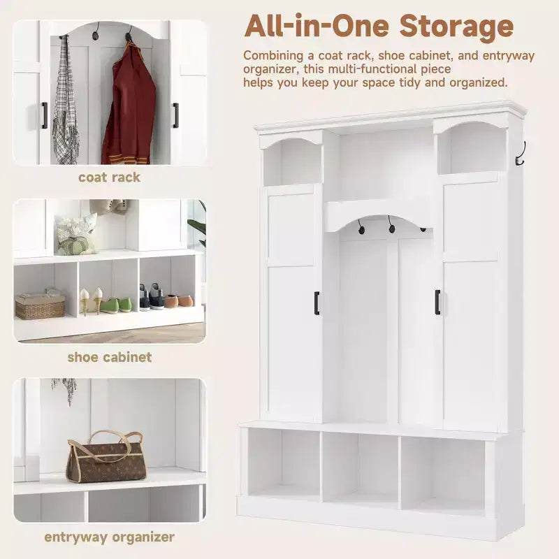 Appendiabiti Moderno Tutto in Uno con Ripiani Regolabili, Panca Contenitore Rustica con 7 Ganci e Mobiletti Laterali, Organizer da Ingresso - ModernLuxe