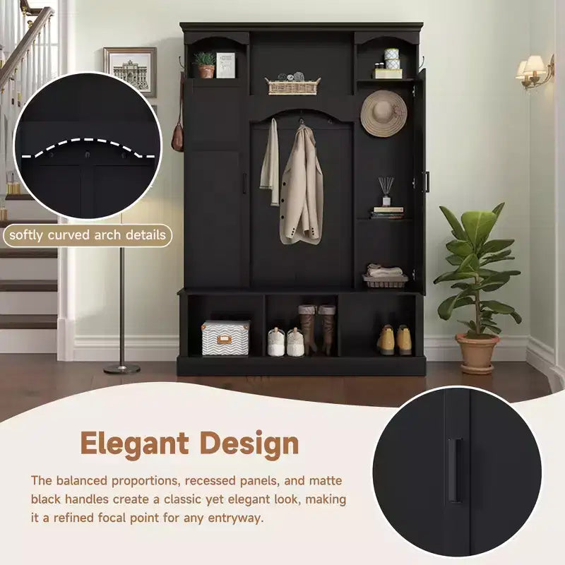Appendiabiti Moderno Tutto in Uno con Ripiani Regolabili, Panca Contenitore Rustica con 7 Ganci e Mobiletti Laterali, Organizer da Ingresso - ModernLuxe