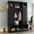 Modern All-in-One Hall Tree with Adjustable Shelves, Farmhouse Storage Bench with 7 Hooks & Side Cabinets, Entryway Organizer - ModernLuxe