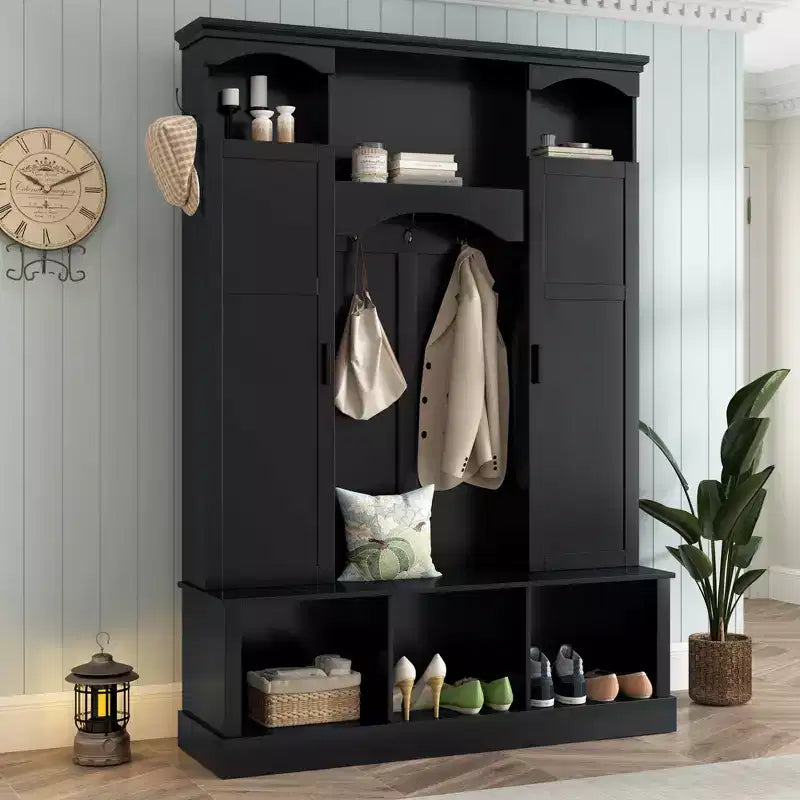 Modern All-in-One Hall Tree with Adjustable Shelves, Farmhouse Storage Bench with 7 Hooks & Side Cabinets, Entryway Organizer - ModernLuxe