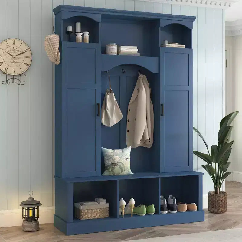 Appendiabiti Moderno Tutto in Uno con Ripiani Regolabili, Panca Contenitore Rustica con 7 Ganci e Mobiletti Laterali, Organizer da Ingresso - ModernLuxe