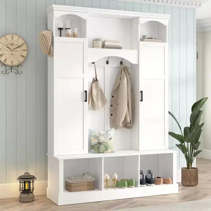 Appendiabiti Moderno Tutto in Uno con Ripiani Regolabili, Panca Contenitore Rustica con 7 Ganci e Mobiletti Laterali, Organizer da Ingresso - ModernLuxe
