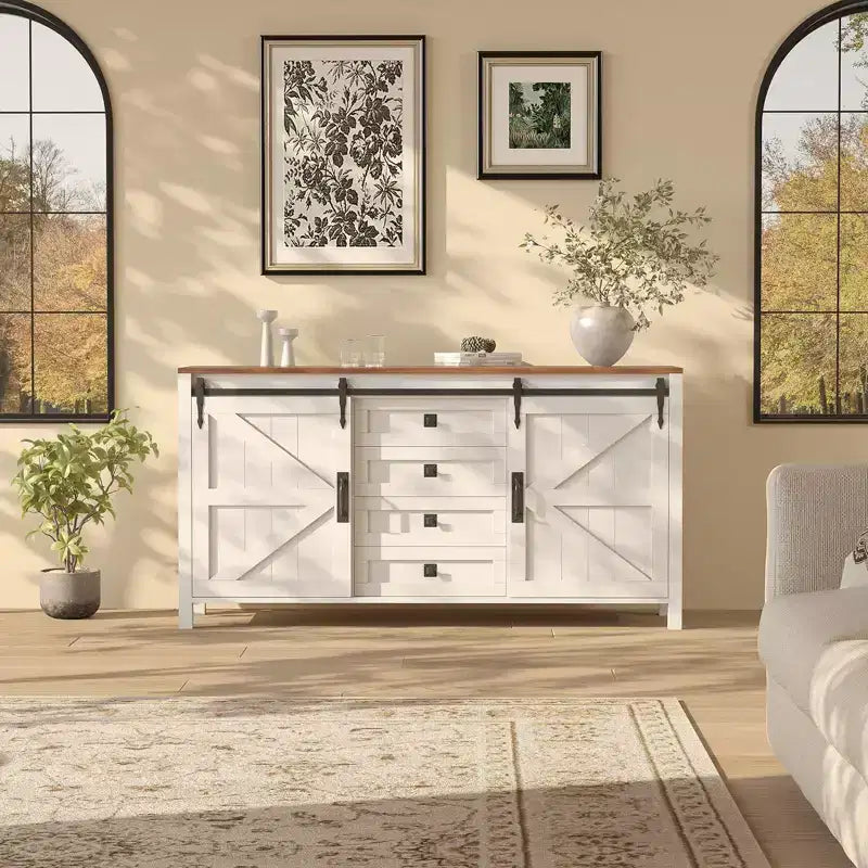 Credenza a buffet da 60 pollici con ante scorrevoli a fienile e 4 cassetti per la fattoria