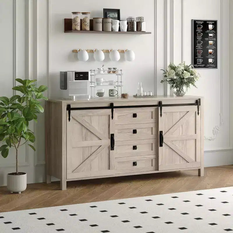 Credenza a buffet da 60 pollici con ante scorrevoli a fienile e 4 cassetti per la fattoria