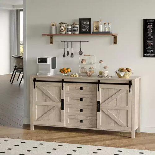 60 Farmhouse Sideboard Buffet Cabinet with Sliding Barn Doors and 4 Drawers