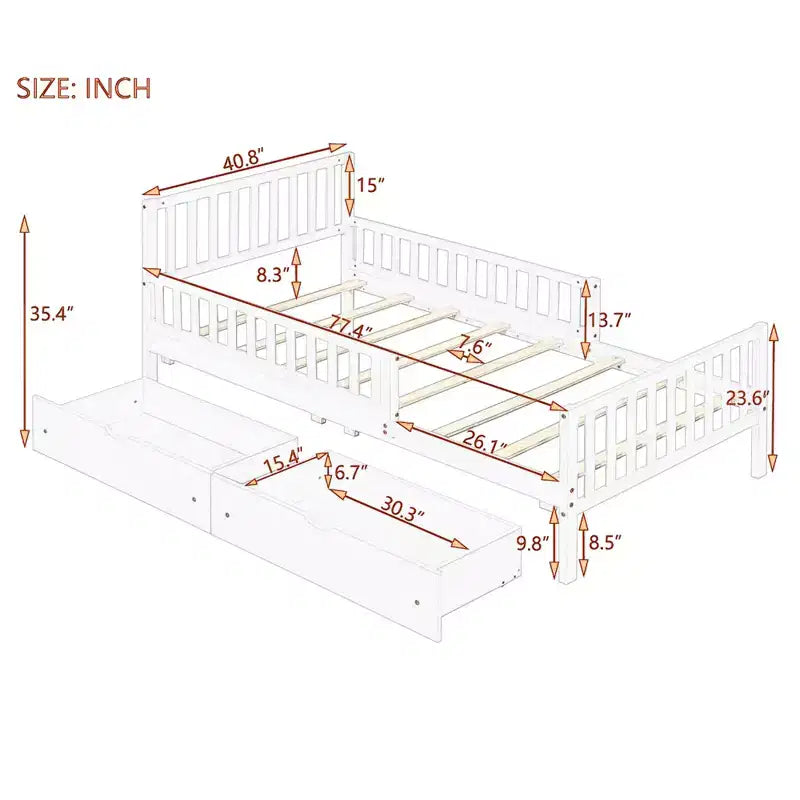Letto a piattaforma singolo in legno con sponde di sicurezza e 2 cassetti portaoggetti, grigio