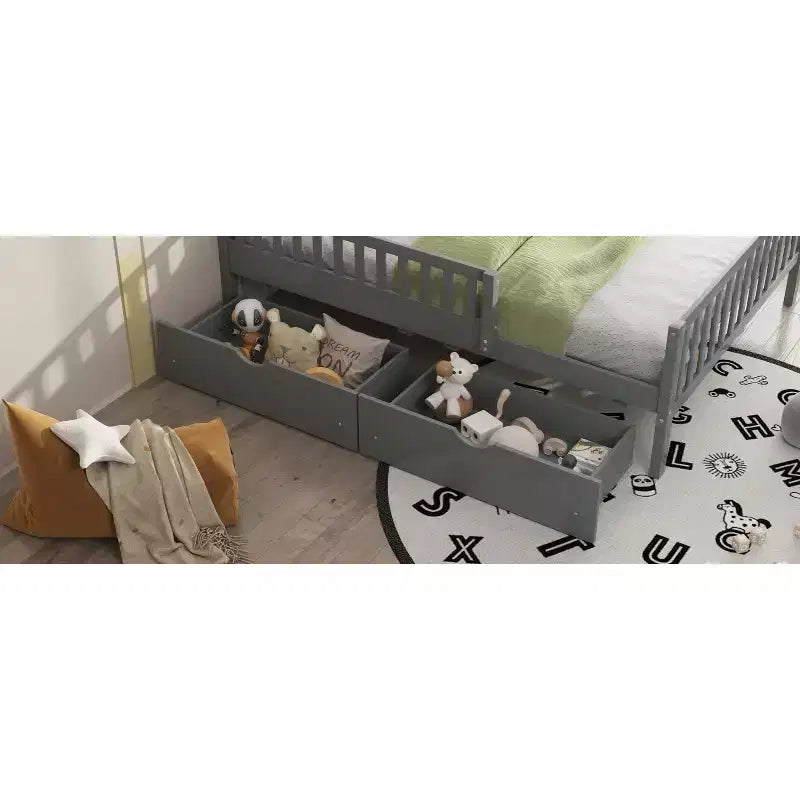 Letto a piattaforma singolo in legno con sponde di sicurezza e 2 cassetti portaoggetti, grigio