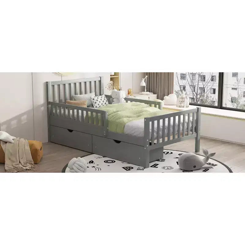 Letto a piattaforma singolo in legno con sponde di sicurezza e 2 cassetti portaoggetti, grigio