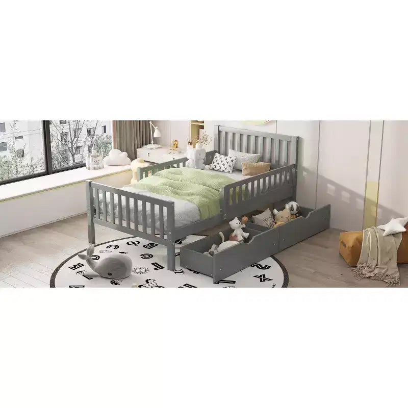 Letto a piattaforma singolo in legno con sponde di sicurezza e 2 cassetti portaoggetti, grigio