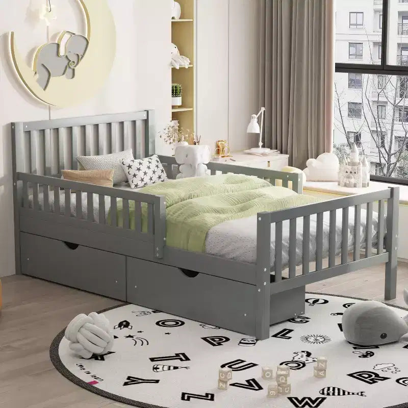 Letto a piattaforma singolo in legno con sponde di sicurezza e 2 cassetti portaoggetti, grigio