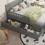 Letto a piattaforma singolo in legno con sponde di sicurezza e 2 cassetti portaoggetti, grigio