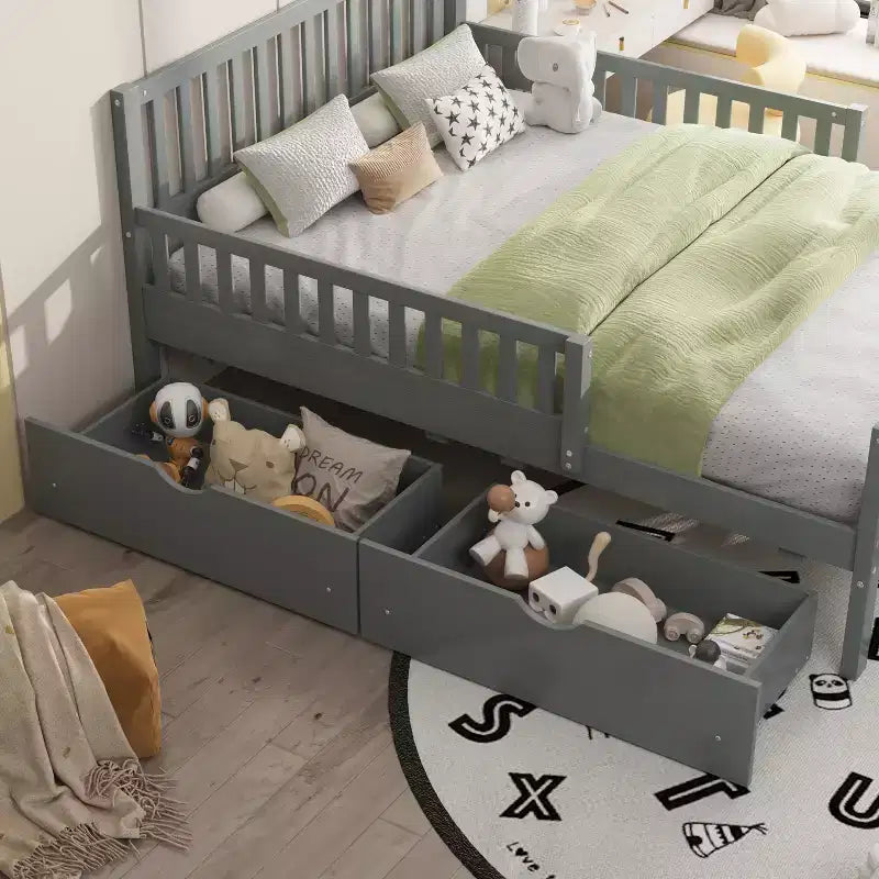 Letto a piattaforma singolo in legno con sponde di sicurezza e 2 cassetti portaoggetti, grigio