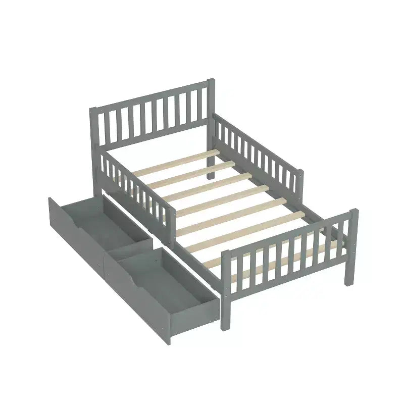 Letto a piattaforma singolo in legno con sponde di sicurezza e 2 cassetti portaoggetti, grigio