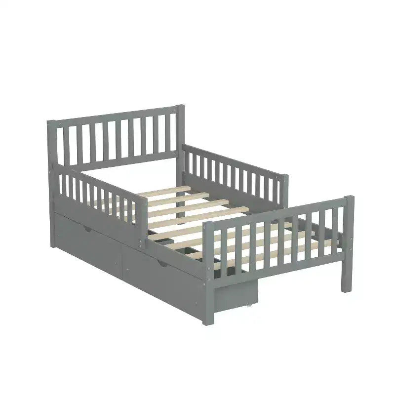 Letto a piattaforma singolo in legno con sponde di sicurezza e 2 cassetti portaoggetti, grigio